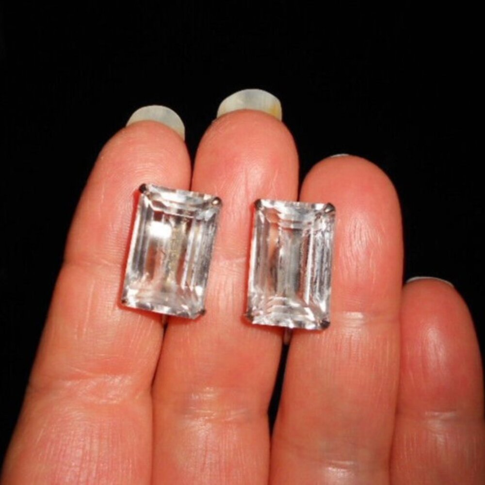 Art Deco Japanese Faceted Radiant Cut Crystal and Sterling Earrings